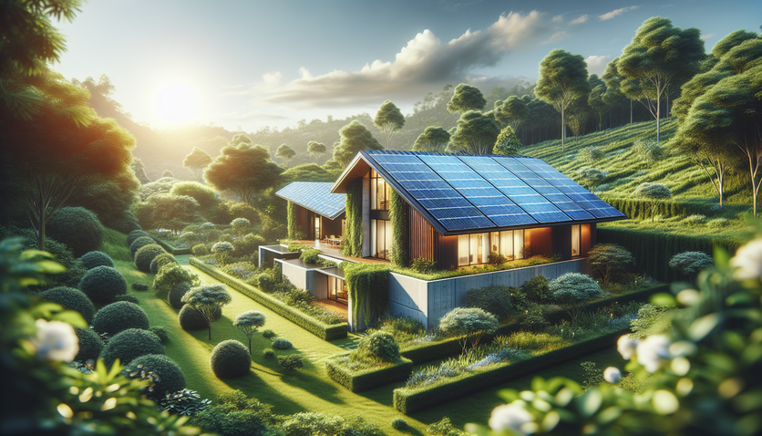 alt_text: Modern home with solar panels, lush garden, clear sky, showcasing eco-friendly, sustainable living.