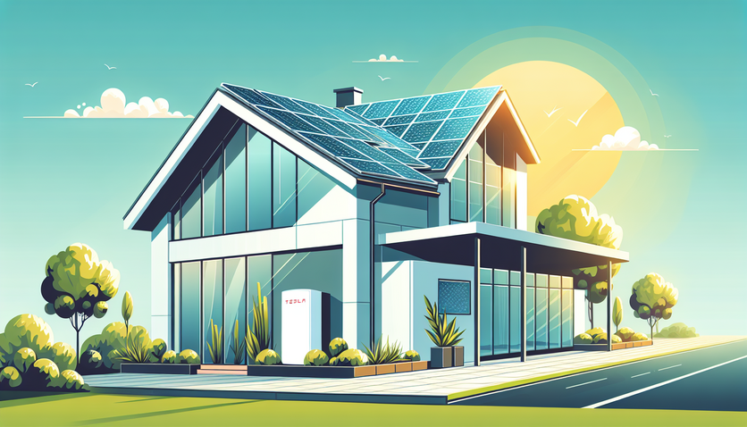 alt_text: A modern home with sleek Tesla solar panels, vibrant sunlight, and a Powerwall reflecting renewable energy.
