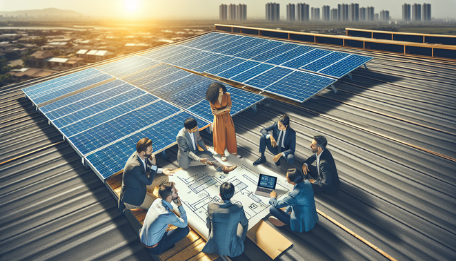 alt_text: A sunny rooftop with solar panels, diverse people discussing costs and benefits of solar energy.